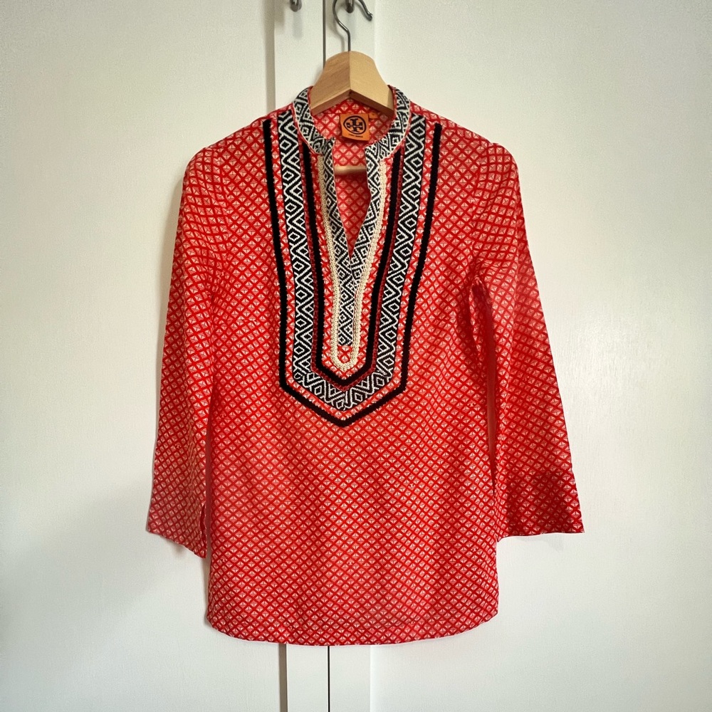 Tory Burch Blouse with Bohemian style hand stitching.